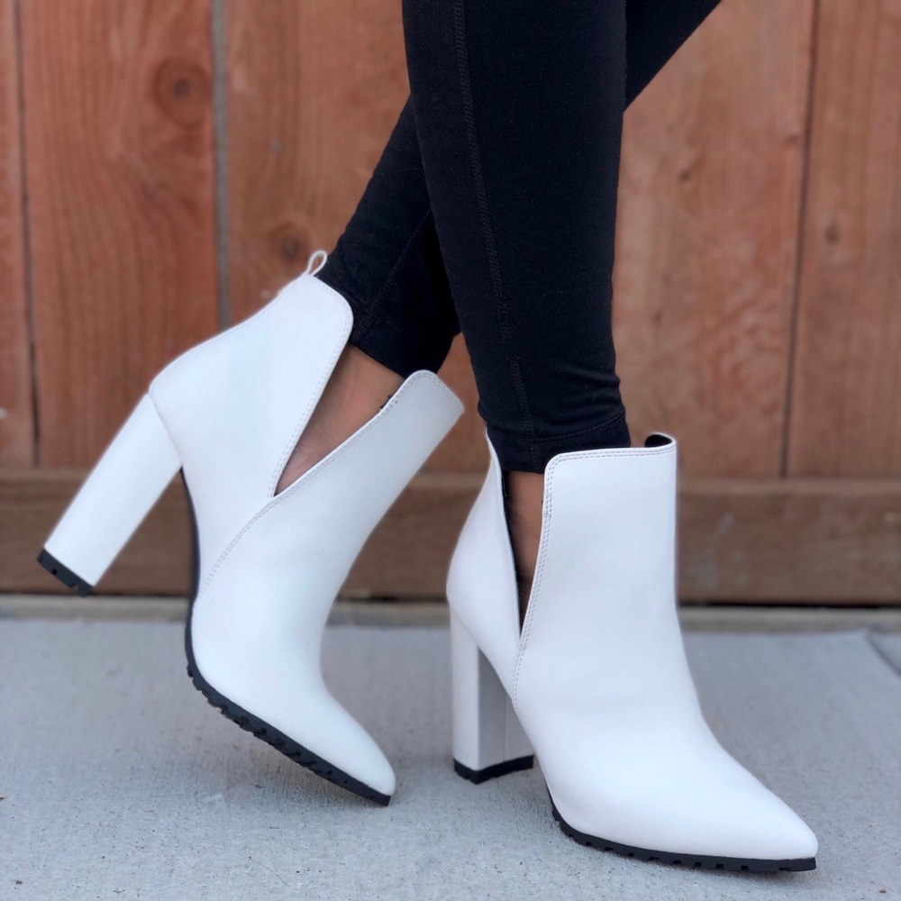 White Ankle High Block Chunky Heel Booties